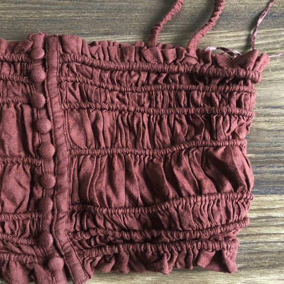 NWT Urban Outfitters Chelsea Linen Blend Smocked Ruched Crop Top Tank Brown - Picture 4 of 12